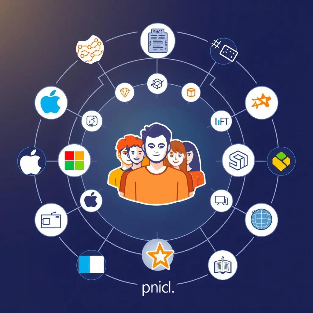 The multiplayer icon is surrounded by several smaller icons such as Apple, Microsoft and other tech company logos, indicating that AI Face Swap Online Free has a strong tech team.