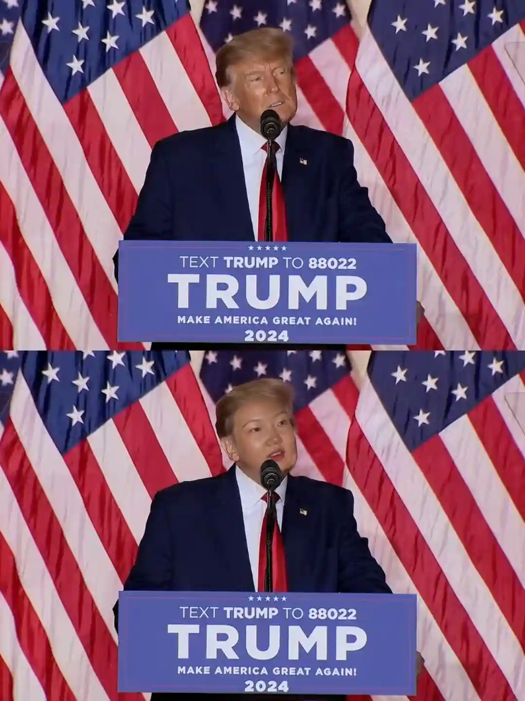 Show an image which the face of an Asian women is swapped with the face of Donald Trump, who is delivering a speech with a vivid expression to achieve natural face swapping effect.