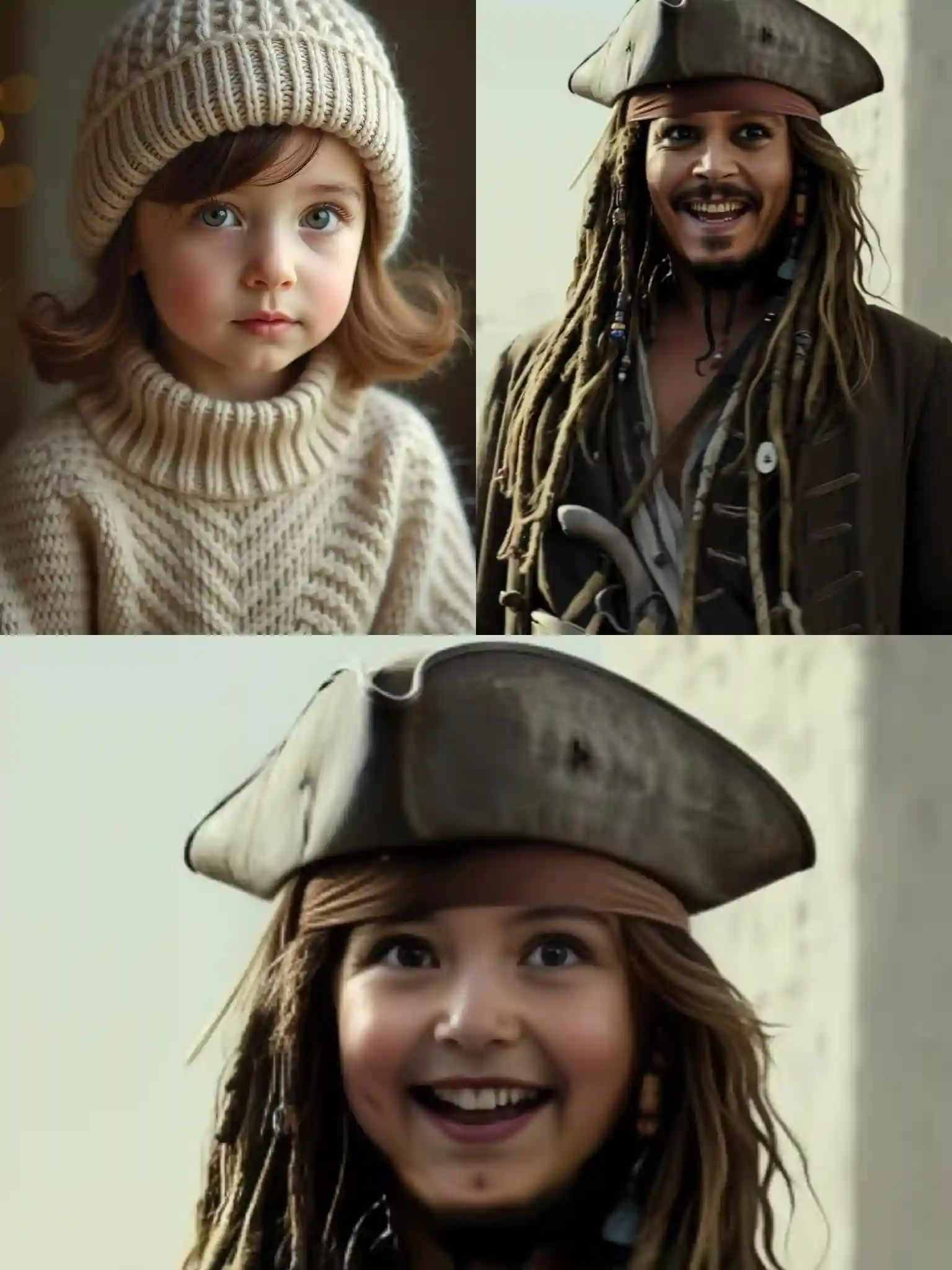 Swap the face of the little girl in the hat to Captain Jack, who is laughing happily in the hat, show the realistic effect.